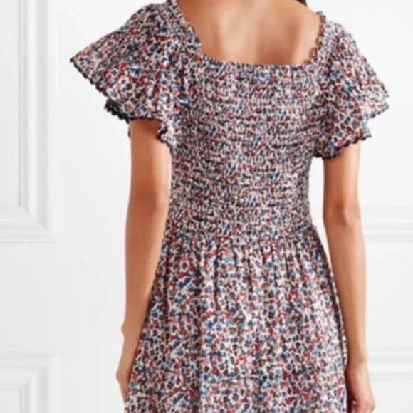Tory Burch Wildflower Tiered Off Shoulder Smoked Navy Pipping Midi Dress S $498 - Picture 7 of 16